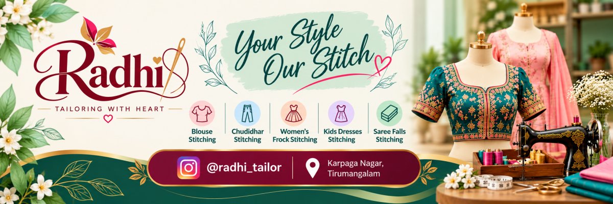 Radhi Tailoring - Beautiful Stitching, Made for You. Blouse, Chudidhar, Frocks, Kids Dresses, Saree Falls Stitching. Instagram @radhi_tailor, Karpaga Nagar, Tirumangalam