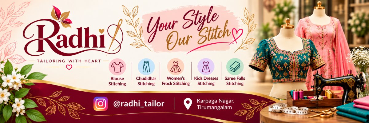 Radhi Tailoring - Beautiful Stitching, Made for You. Blouse, Chudidhar, Frocks, Kids Dresses, Saree Falls Stitching. Instagram @radhi_tailor, Karpaga Nagar, Tirumangalam