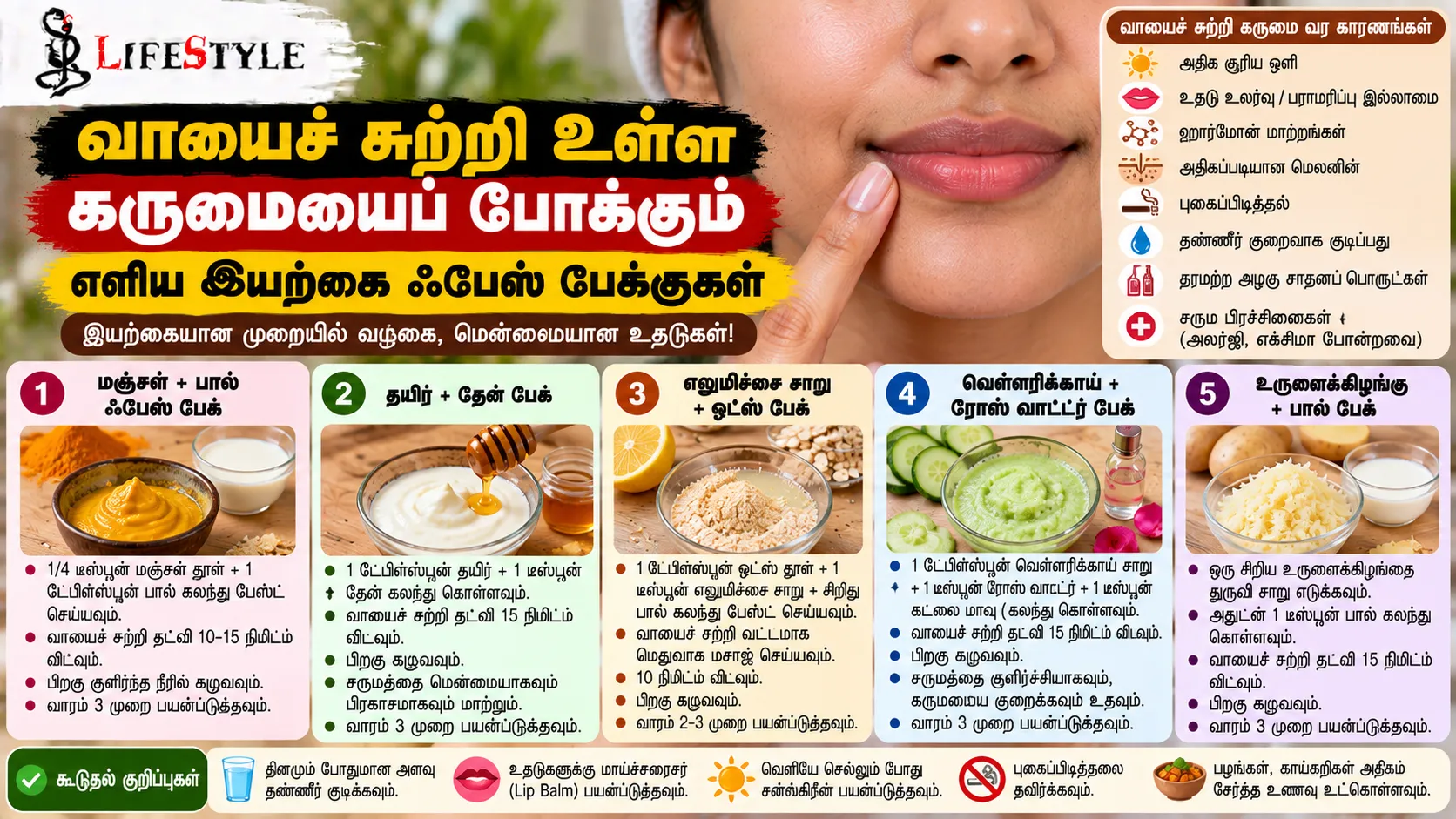 வாயைச் சுற்றி உள்ள கருமையைப் போக்கும் எளிய இயற்கை ஃபேஸ் பேக்குகள்